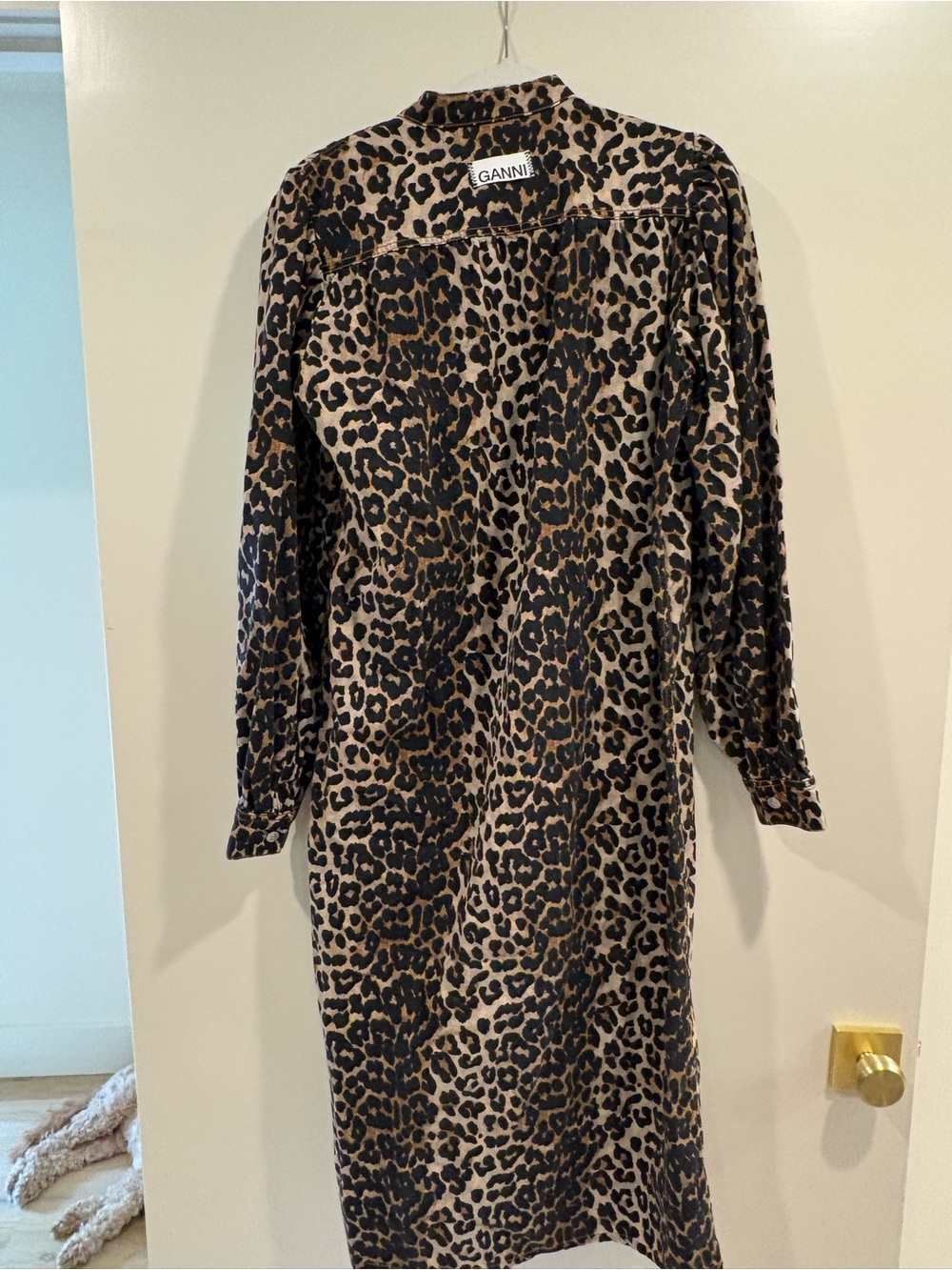 Ganni Leopard-Print Long Sleeve Midi Dress in Brown and Black, button up front
